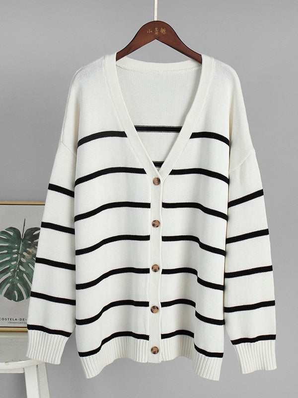Damen Gestreifter Cardigan Mit V-Ausschnitt Und Knopfleiste