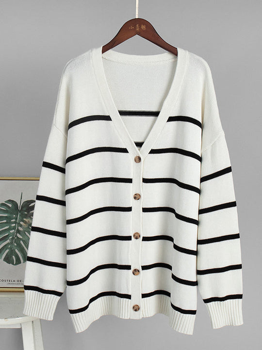 Damen Gestreifter Cardigan Mit V-Ausschnitt Und Knopfleiste
