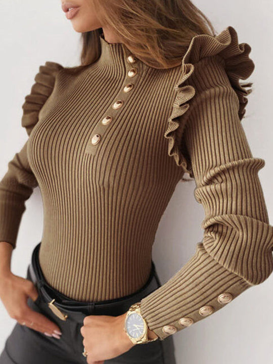 Damen Strickpullover Mit Rüschenärmeln Und Knopfleiste