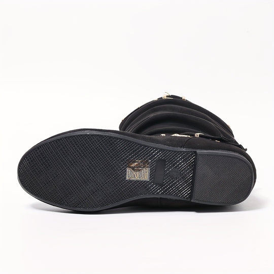 Kniehohe Stiefel mit Zierschnallen und flacher Sohle für Damen