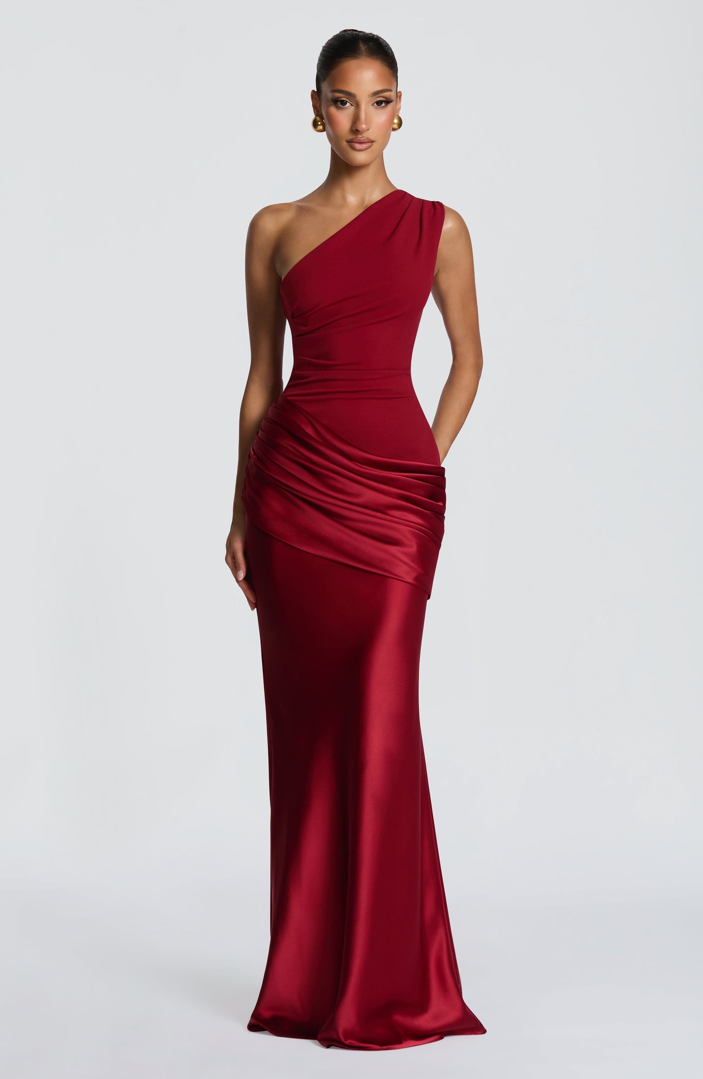 Ein-Schulter Crepe Satin Maxikleid Damen