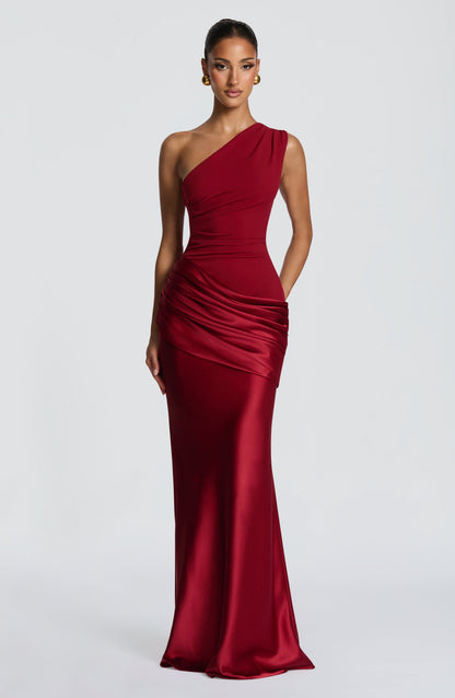 Ein-Schulter Crepe Satin Maxikleid Damen