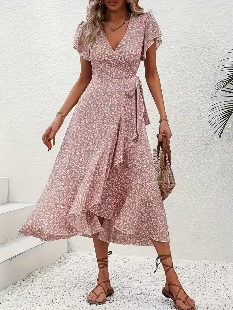 Midi-Wickelkleid mit Blumenmuster und asymmetrischem Saum