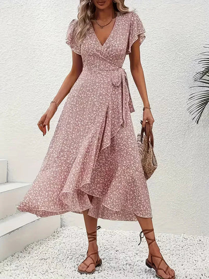 Midi-Wickelkleid mit Blumenmuster und asymmetrischem Saum