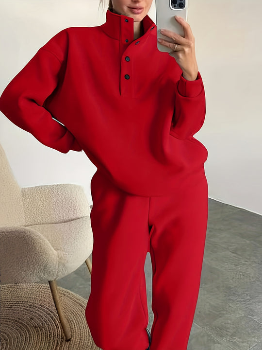 Zweiteiliges Sweatshirt-Set mit Stehkragen und Knopfleiste für Damen