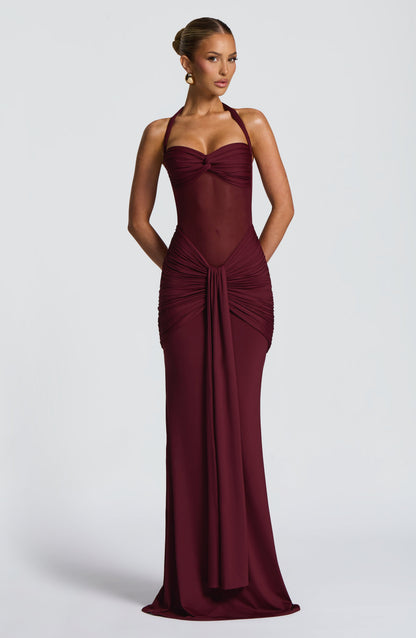 Ärmelloses gerafftes Jersey-Mesh-Maxikleid