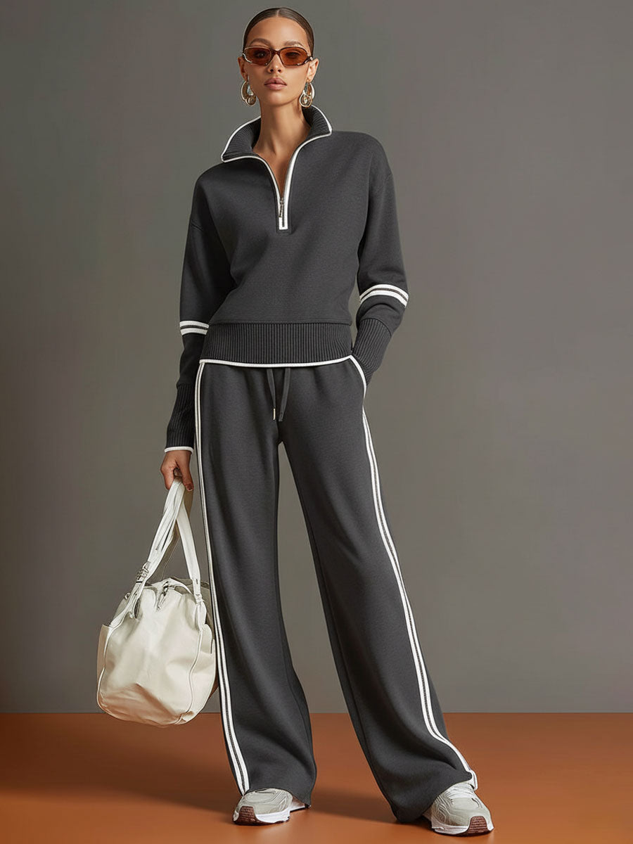 Sweatshirt mit halbem Reißverschluss und weite Hose Lounge-Set