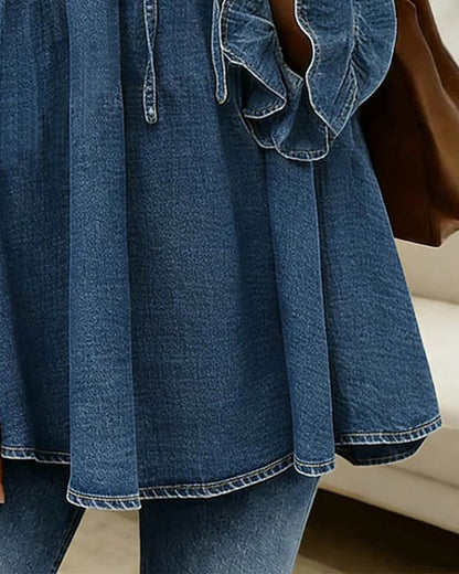 Bluse in luftiger Denim-Optik mit Rüschen-Details Blau