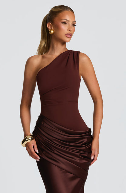 Ein-Schulter Crepe Satin Maxikleid Damen