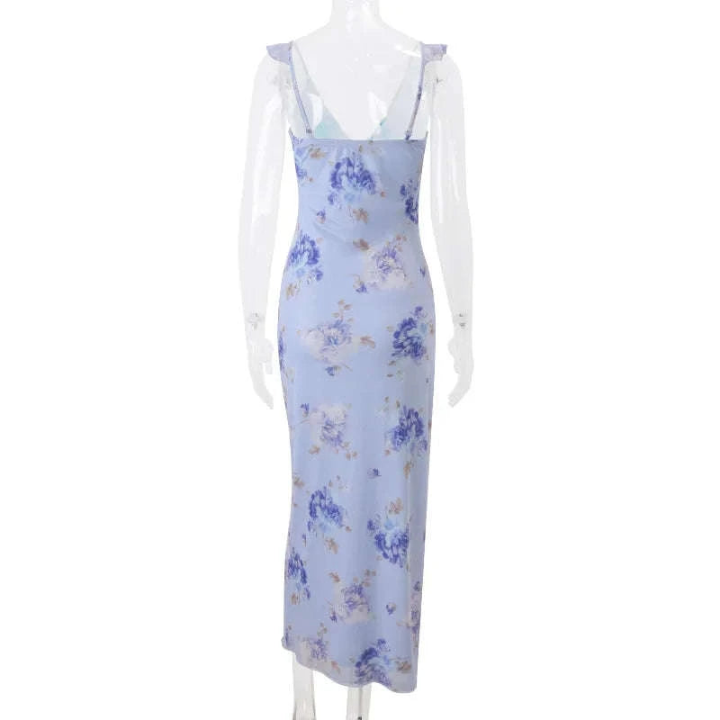 Florales Maxikleid mit tiefem V-Ausschnitt und offenem Rücken Sommerkleid