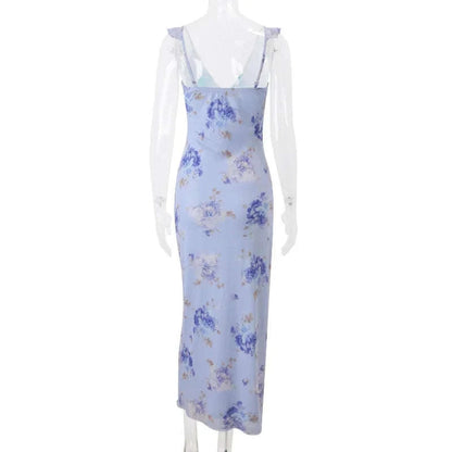 Florales Maxikleid mit tiefem V-Ausschnitt und offenem Rücken Sommerkleid