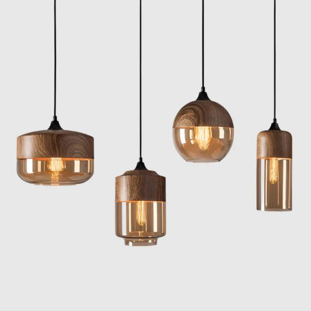Skandinavische Holz-Deckenlampe mit getöntem Glas