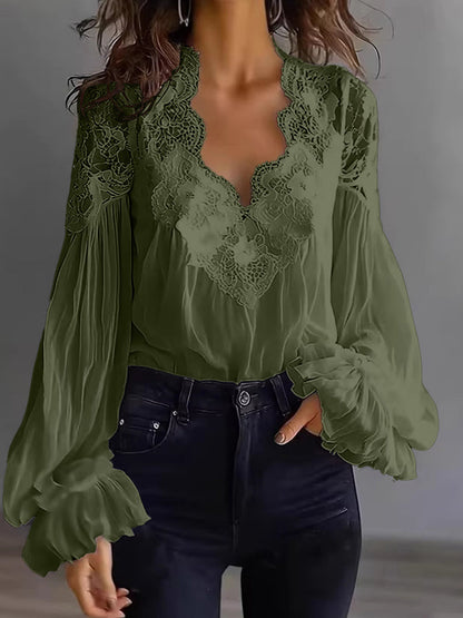Damenbluse mit Spitzen-Patchwork und Puffärmeln