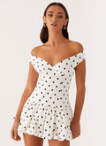 Baumwoll-Polka-Dot Carmen-Schulter Bubble Minikleid Weiß