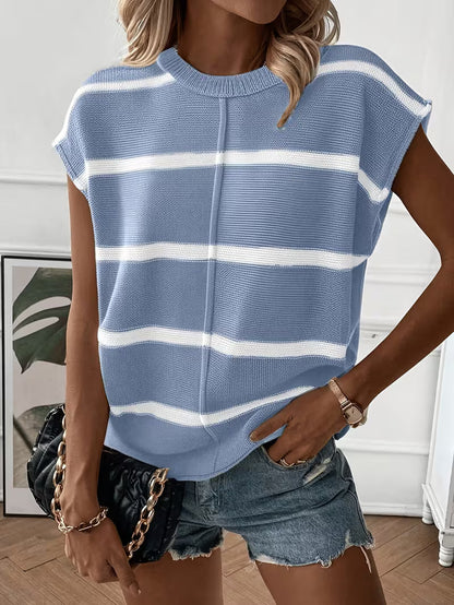 Ärmelloser gestreifter Strickpullover, lockere Passform