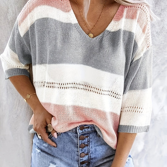 Gestreifter Kurzarm Cardigan mit V-Ausschnitt für Damen