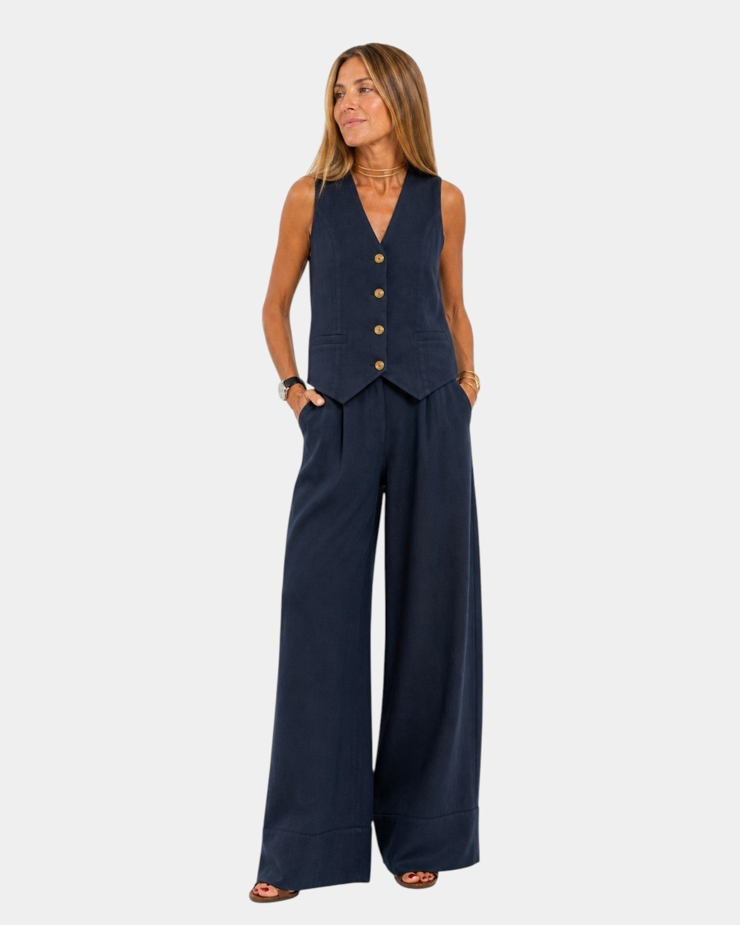 Damenanzug Weste und Hosen mit weitem Bein Set