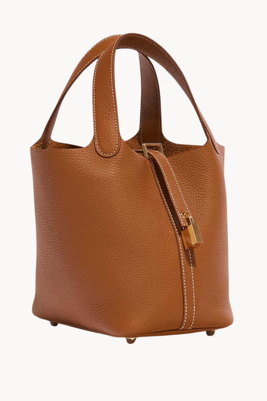 Lumière Brun | Kompakte Handtasche aus genarbtem veganem Leder mit goldenen Details für Damen