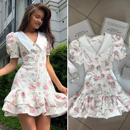 Damen Mini Kleid mit Puffärmeln und Rüschen