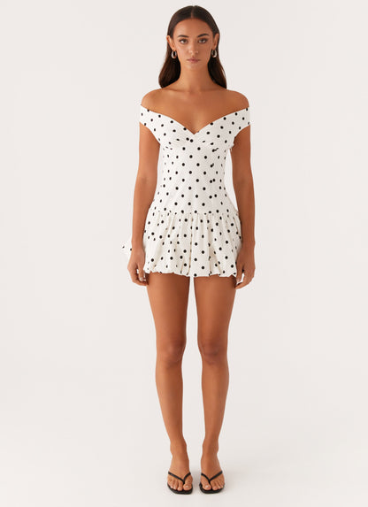 Baumwoll-Polka-Dot Carmen-Schulter Bubble Minikleid Weiß