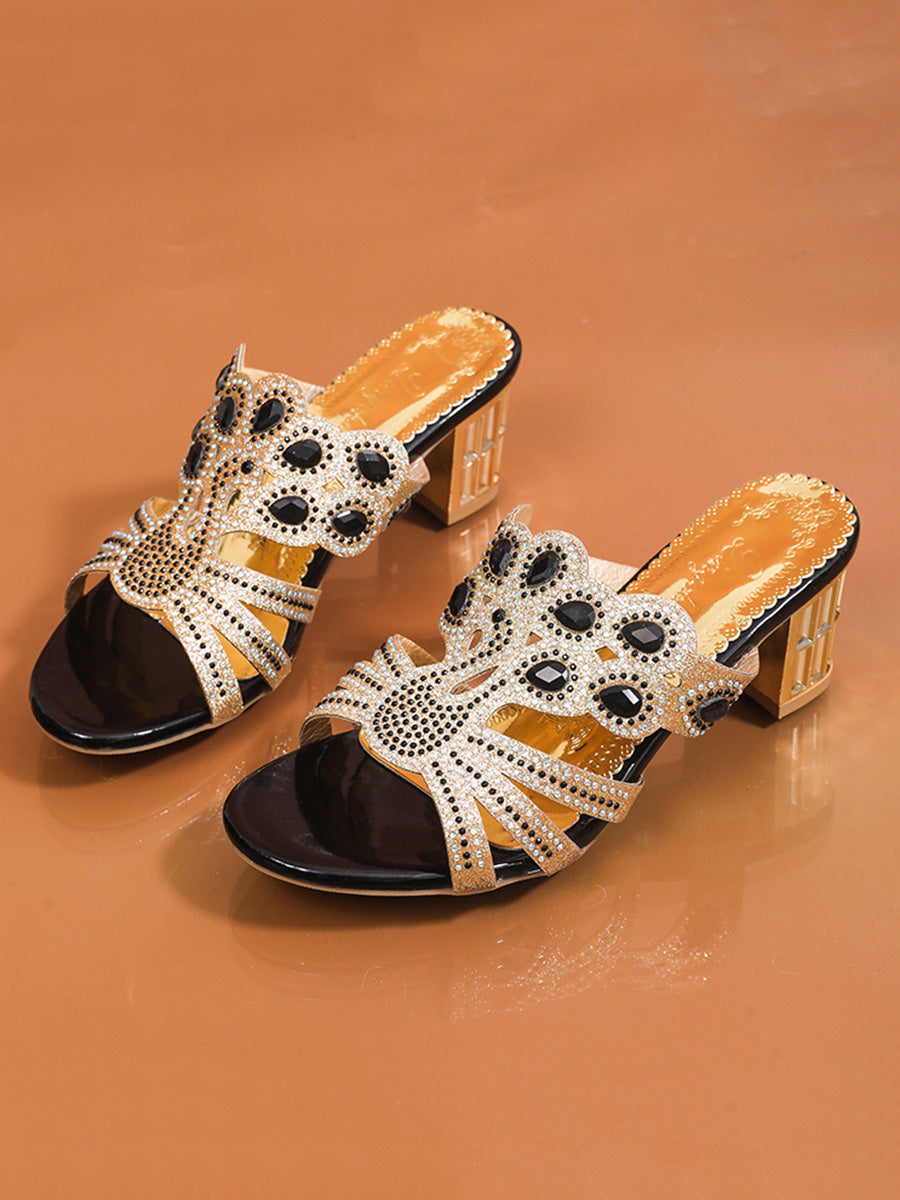 Damen Pumps Mit Blockabsatz Und Strass Offene Zehenpartie