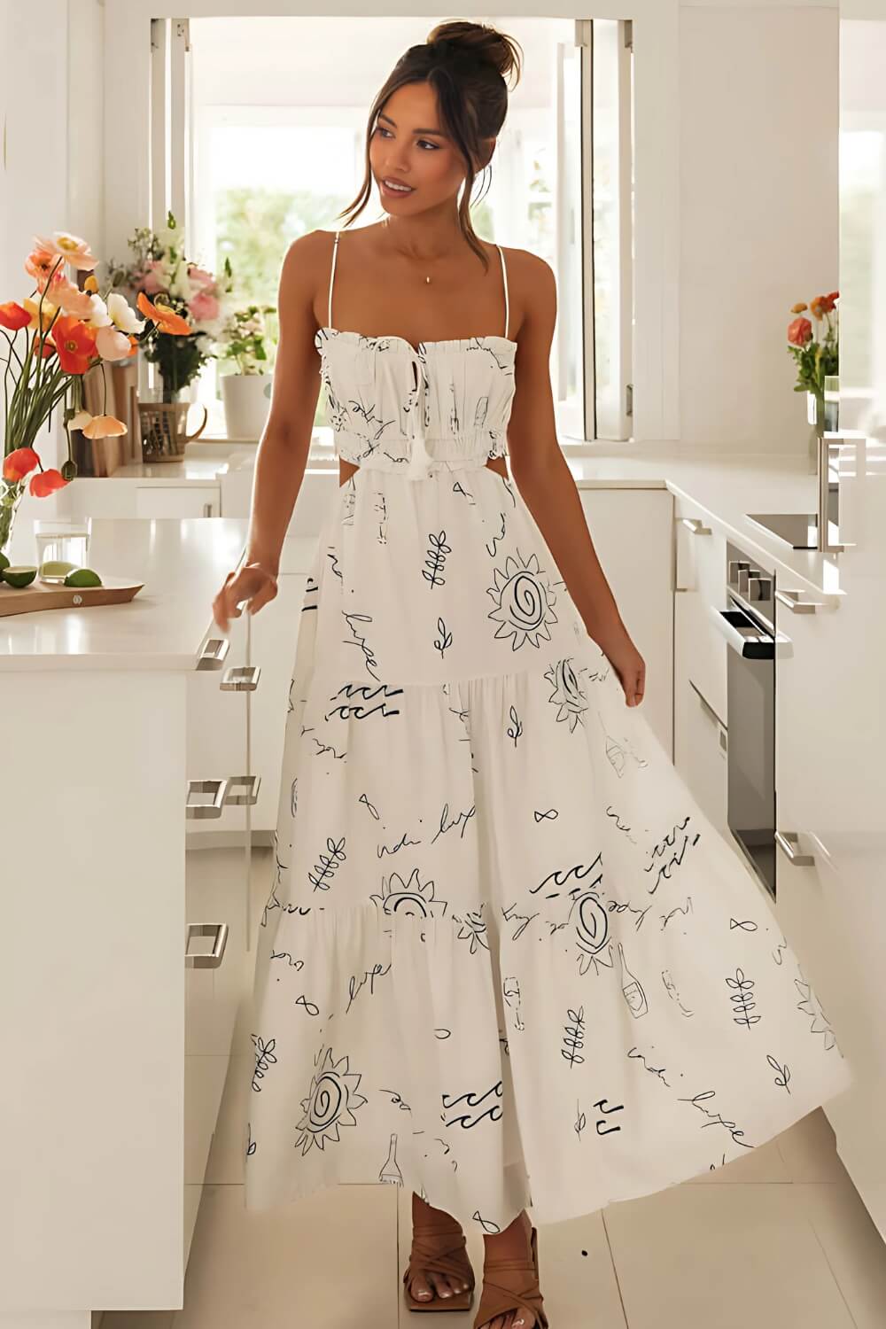 Bedrucktes Midikleid mit Spaghetti-Trägern Weiß