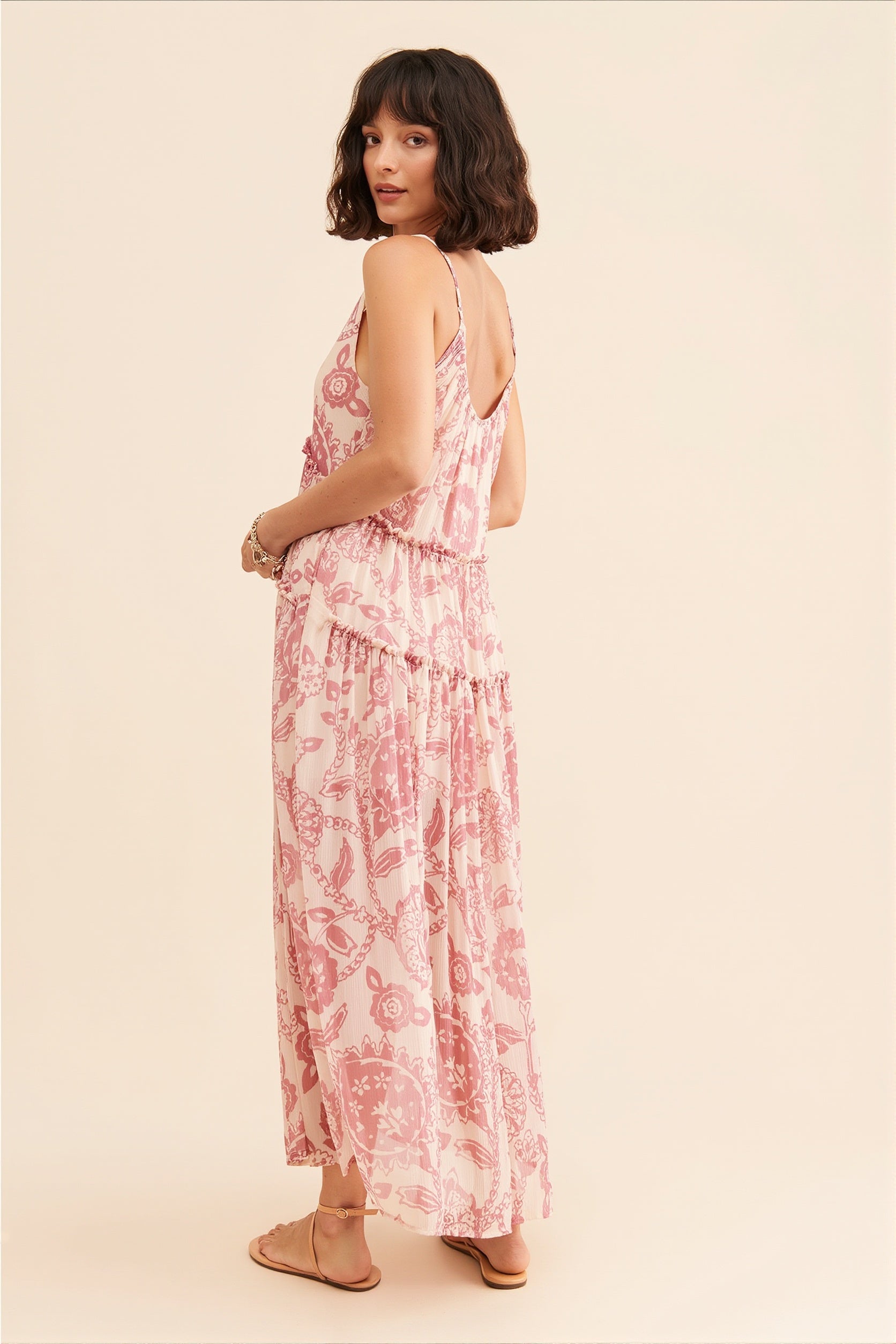 Fließendes ärmelloses Maxikleid mit Blumenprint für Damen im Detail