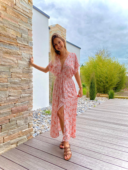 Puderrosa Boho Maxi-Kleid mit Schlitz