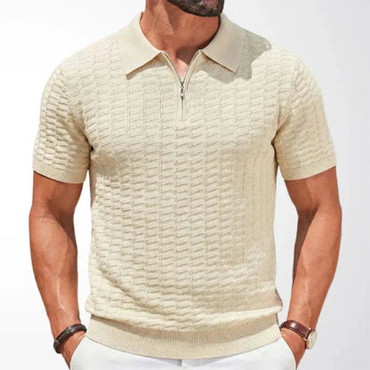 Herren Viskose Strick-Poloshirt mit Reißverschluss und geripptem Saum
