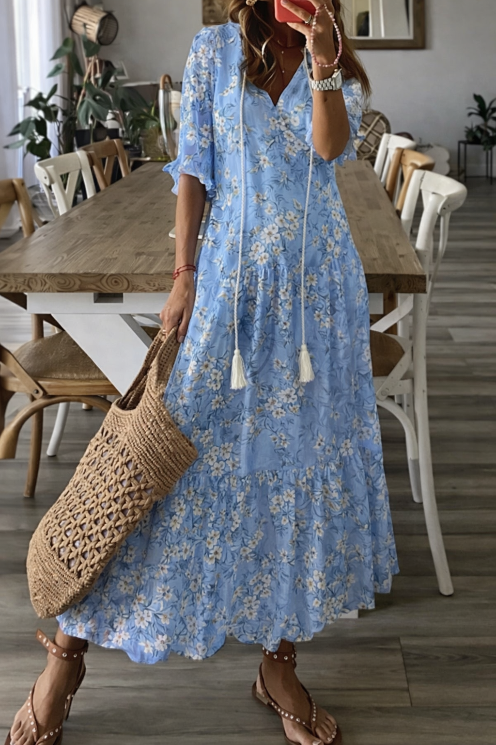 Fließendes Maxikleid mit V-Ausschnitt für Damen mit Print