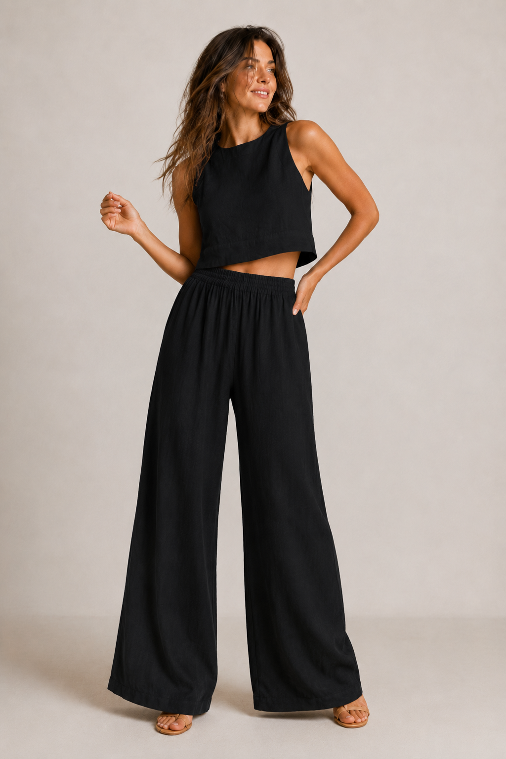Baumwoll-Zweiteiler Ärmelloses Crop-Top Weite Hose