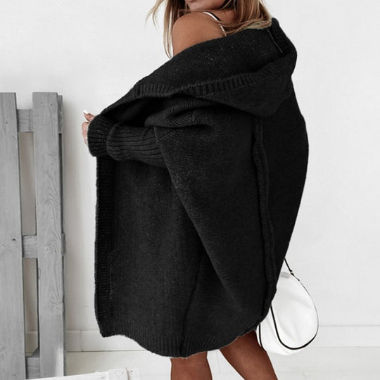 Damen Lange Strickweste Mit Kapuze Im Eleganten Design