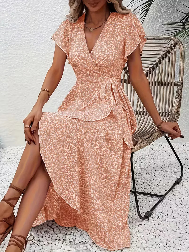 Midi-Wickelkleid mit Blumenmuster und asymmetrischem Saum
