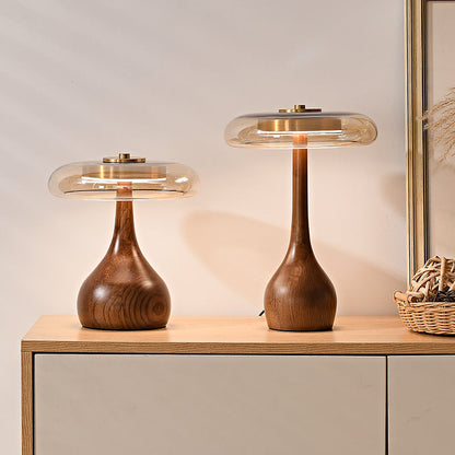Tischlampe aus Holz und Glas im Vintage-Design