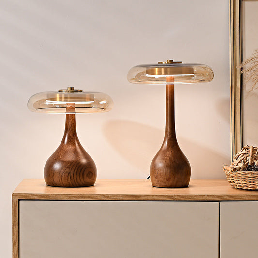 Tischlampe aus Holz und Glas im Vintage-Design