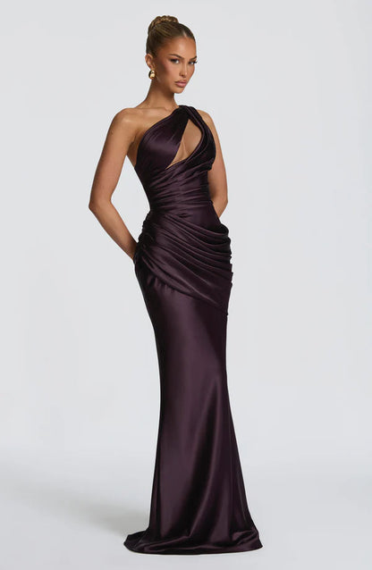 Satin Maxikleid Olive und Pflaume