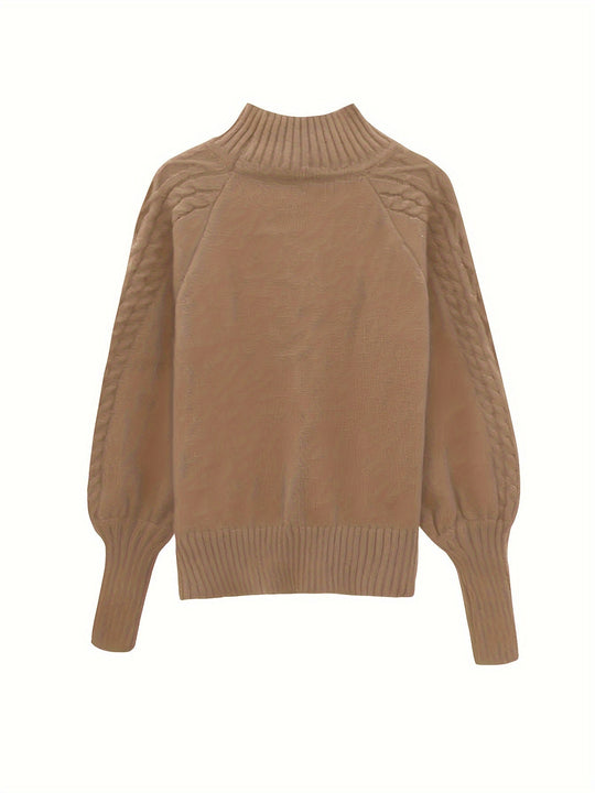 Damen Strickpullover Mit Zopfmuster Und Hohem Kragen