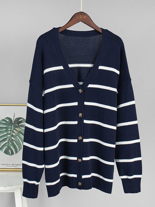 Damen Gestreifter Cardigan Mit V-Ausschnitt Und Knopfleiste