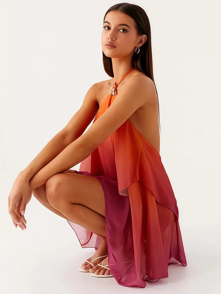 Pinkes Ombré Rüschendesign Mini Kleid