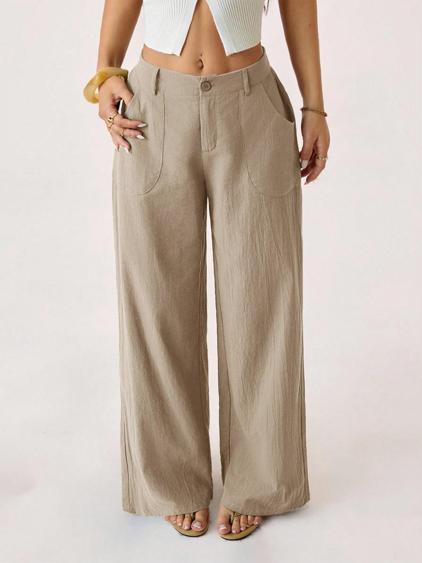 Hose mit weitem Bein aus Baumwoll-Leinen-Mischung, hohe Taille