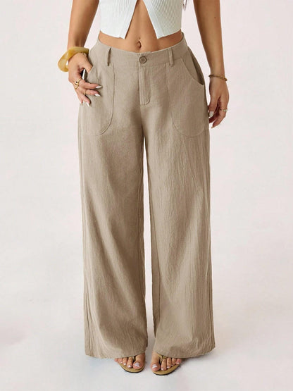 Hose mit weitem Bein aus Baumwoll-Leinen-Mischung, hohe Taille