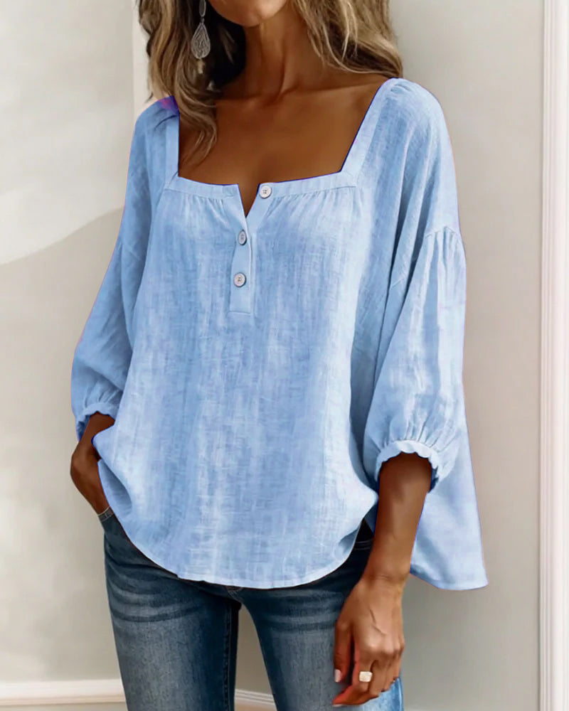 Leinenbluse mit quadratischem Ausschnitt und Puffärmeln