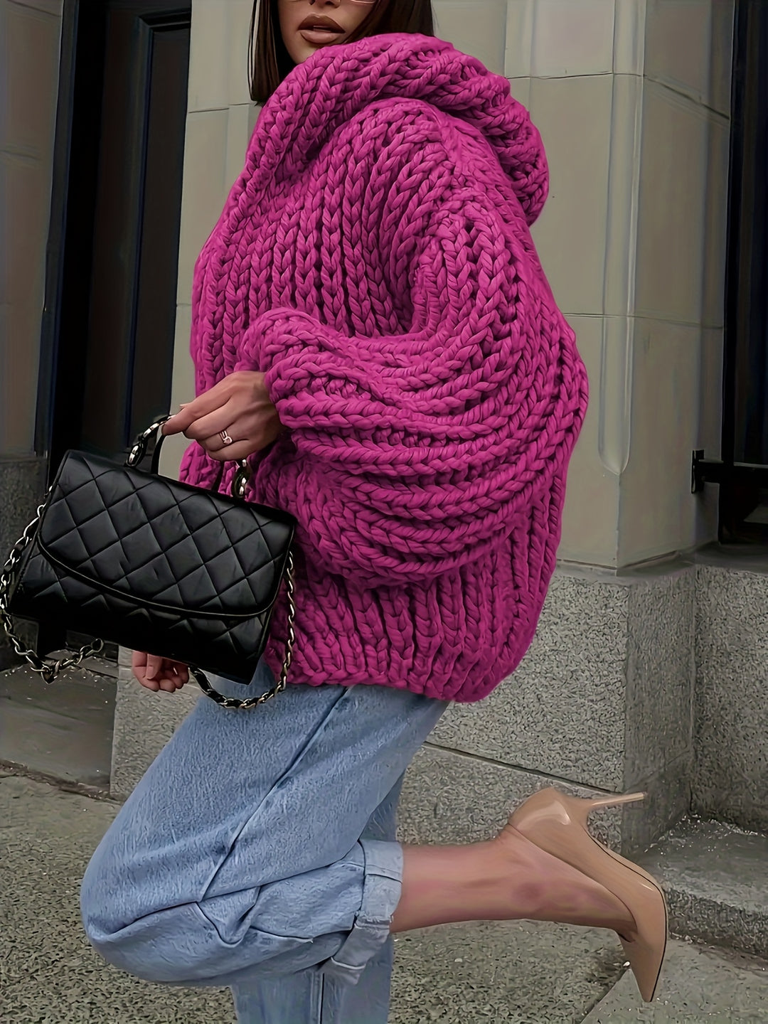 Strickjacke mit Kapuze und Oversize-Ärmeln für Damen