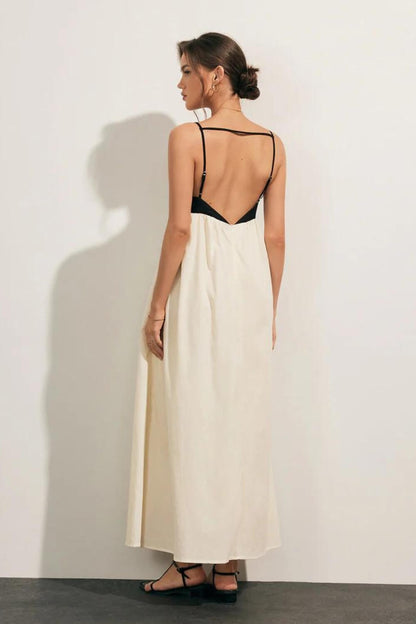 Midikleid aus Leinen-Baumwoll-Mischung für Damen, Schwarz und Weiß
