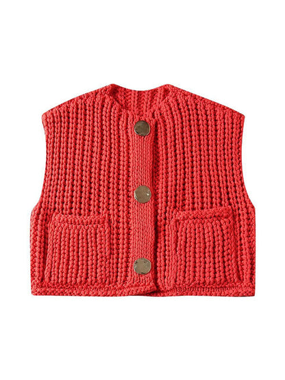 Damen Strickweste Ärmellos Mit Knöpfen Und Taschen