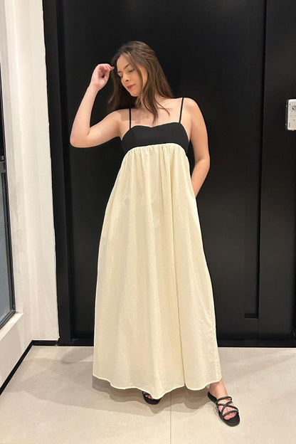 Midikleid aus Leinen-Baumwoll-Mischung für Damen, Schwarz und Weiß