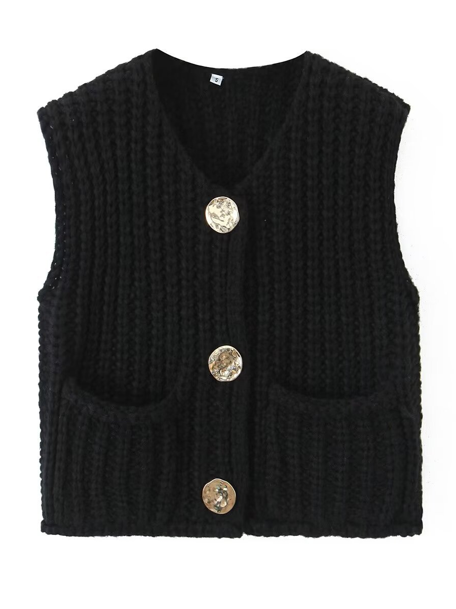 Damen Strickweste Ärmellos Mit Knöpfen Und Taschen