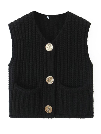 Damen Strickweste Ärmellos Mit Knöpfen Und Taschen