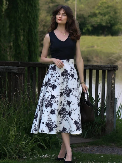 1950er Vintage Blumen Trapez Cocktail Abendkleid