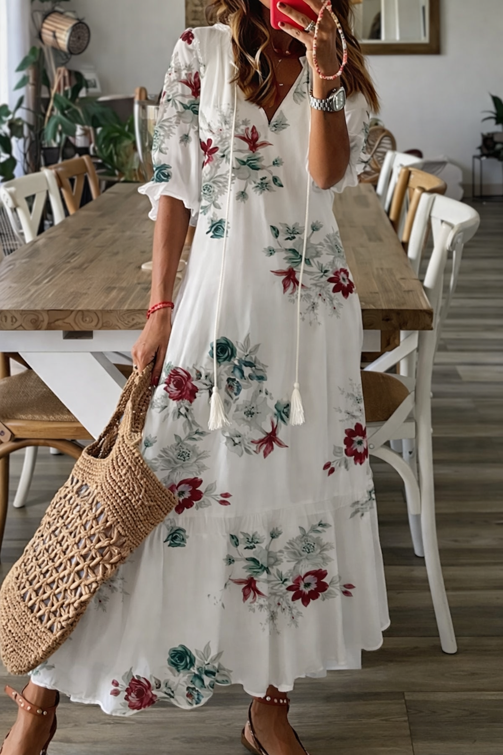 Fließendes Maxikleid mit V-Ausschnitt für Damen mit Print